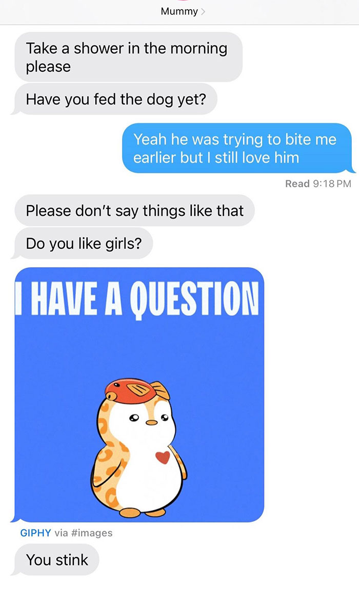 Text message exchange showing unhinged and hilarious texts from parents including strange questions and GIFs.