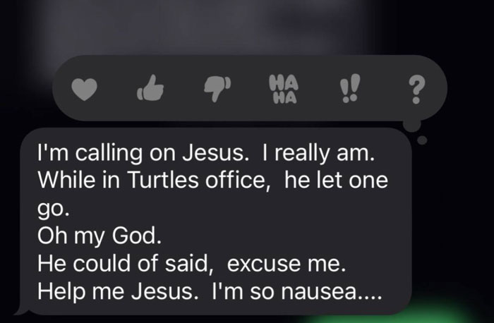 Screenshot of an unhinged text message from a parent describing an embarrassing moment in a turtle's office, showing humor.
