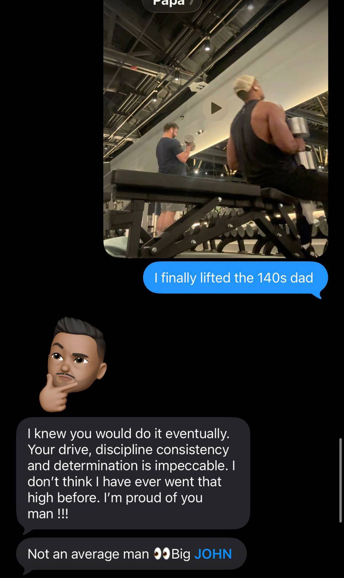 Text message exchange showing unhinged and hilarious encouragement from a parent after workout achievement.