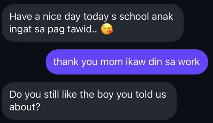 Text message conversation showing unhinged texts from parents with caring and intrusive questions about school and relationships.