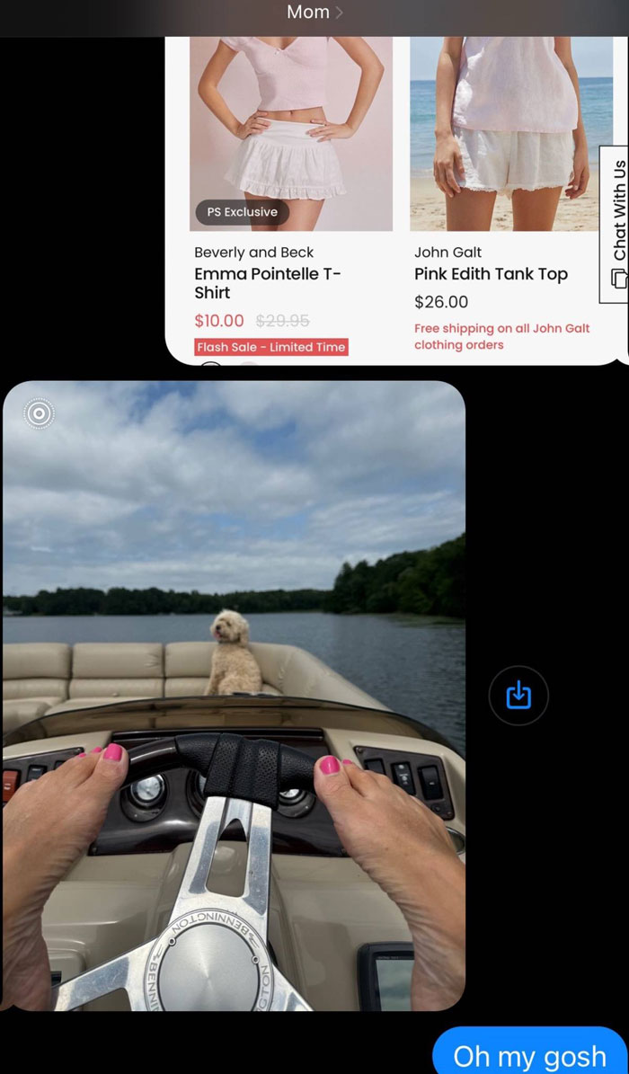 Screenshot of unhinged text messages from parents, showing a person steering a boat with feet and a dog on board.