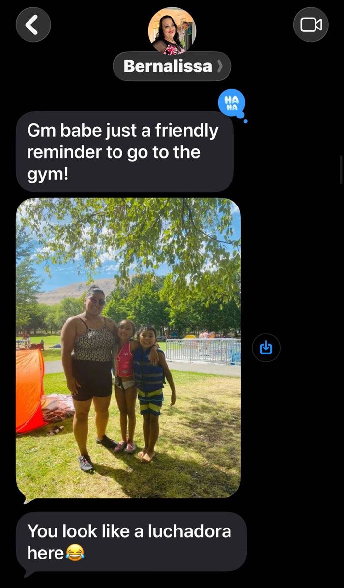 Text message from parent with unhinged humor reminding to go to the gym paired with a family photo at the park