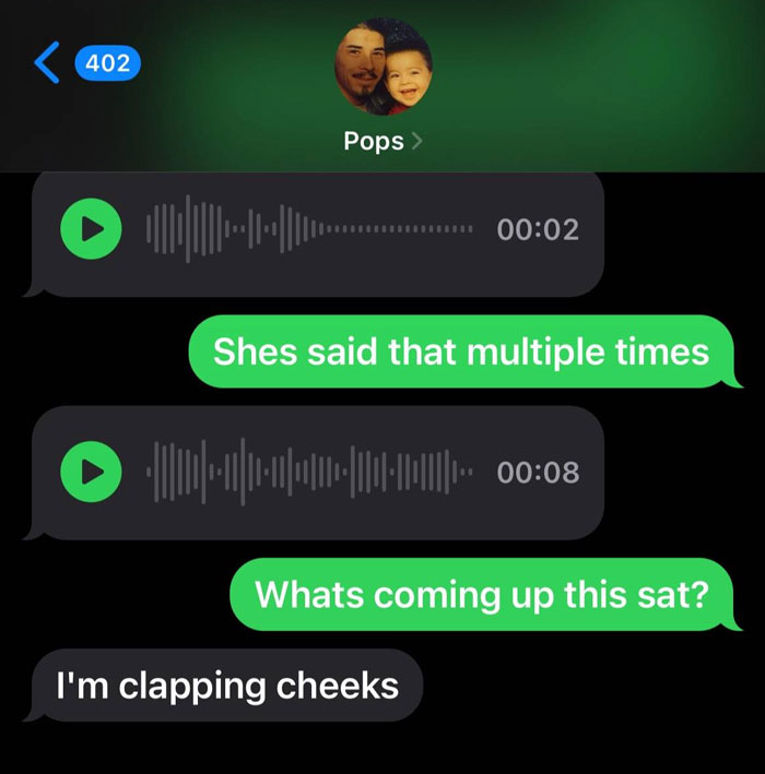 Text messages from parents showing unhinged and funny voice notes and replies in a casual conversation.