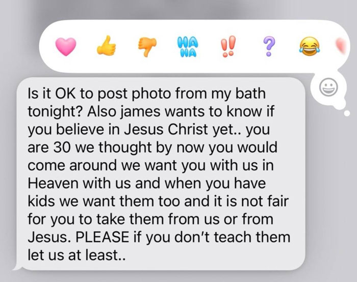 Unhinged text message from a parent asking about posting a bath photo and discussing beliefs and family expectations.