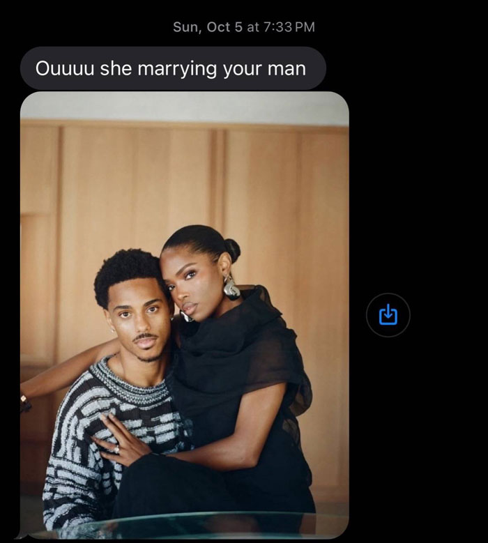 Text message showing unhinged parent texts with photo of a stylish couple, highlighting hilarious text message trend.