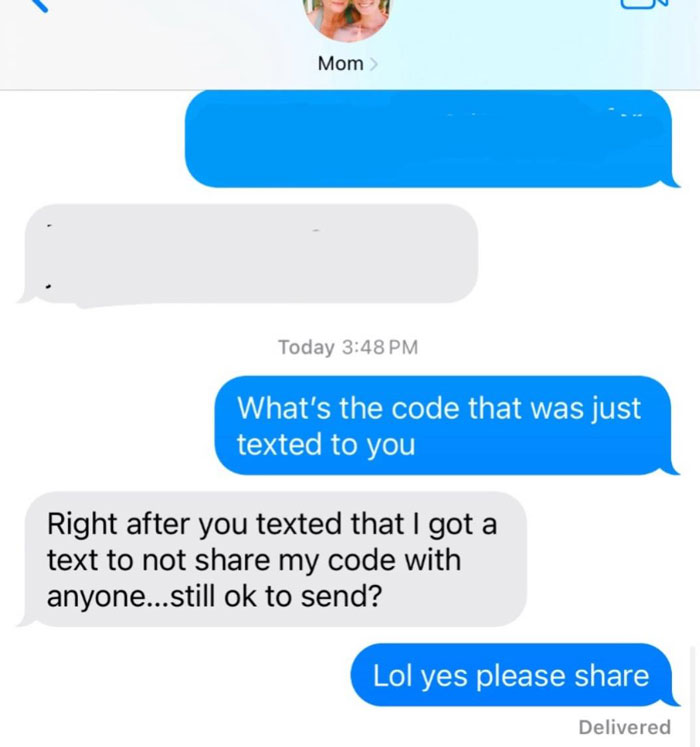 Screenshot of unhinged text messages from parents showing confusion about sharing a security code in a humorous conversation.