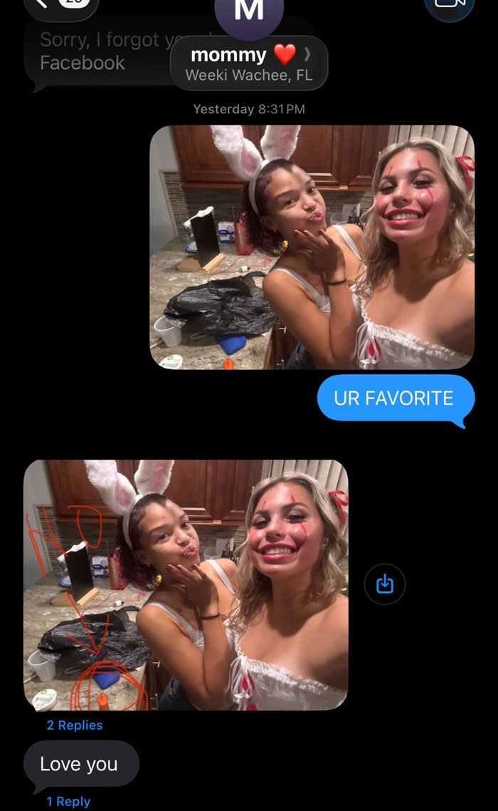 Text message exchange showing unhinged texts from parents with two young women in bunny ears posing for selfies in kitchen.