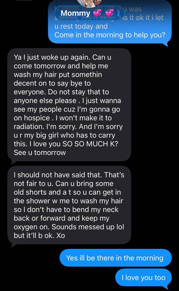 Text messages showing unhinged and emotional messages from a parent discussing hospice and asking for help with hair washing.