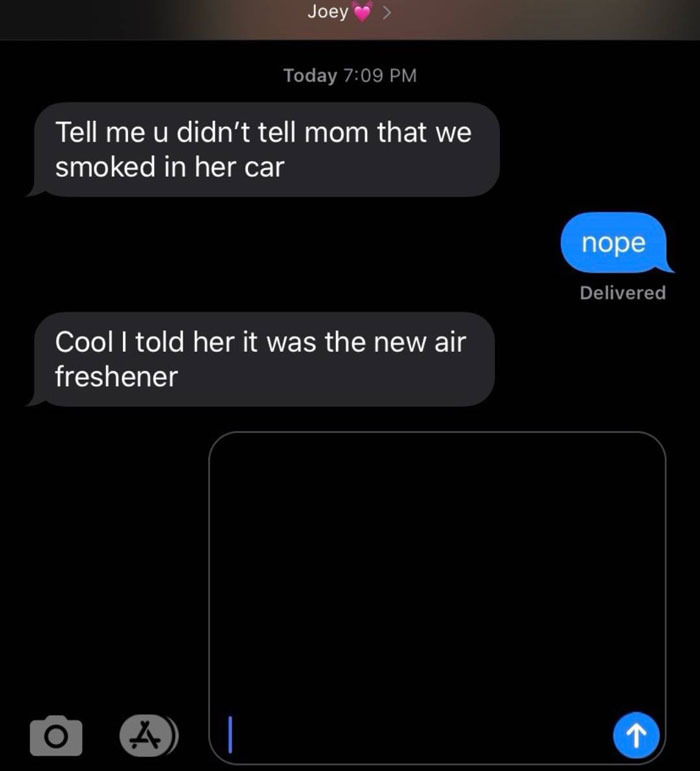 Text message exchange showing unhinged texts from parents with a funny excuse about smoking in the car.