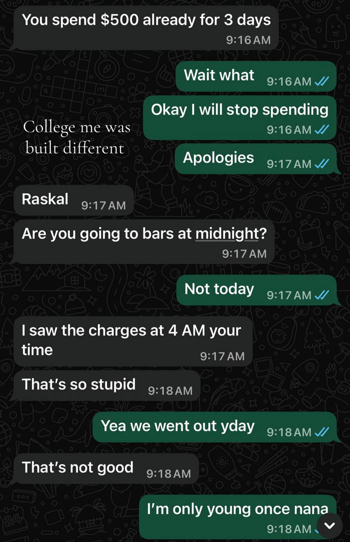 Chat messages showing unhinged texts from parents about spending money and late-night activities, highlighting a new trend humorously.