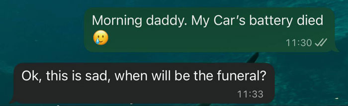 Unhinged text messages from parents showing a sarcastic response to a car battery dying in a chat conversation.