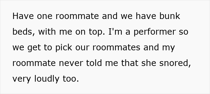 Woman can’t sleep because of roommate’s loud snoring, stays awake and struggles to rest in shared bunk beds.