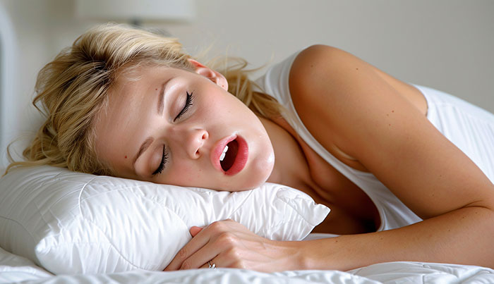 Woman struggling to sleep, lying on white pillow with mouth slightly open, illustrating snoring impacting rest.