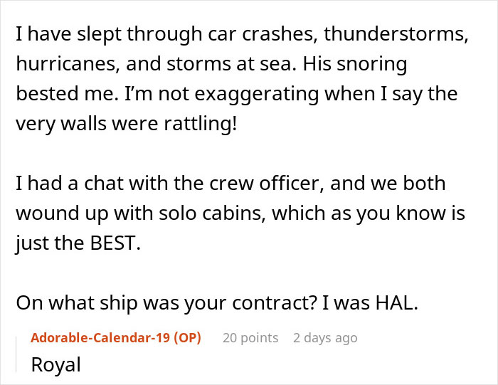 Text post showing a woman describing how her roommate’s loud snoring keeps her awake despite sleeping through storms.