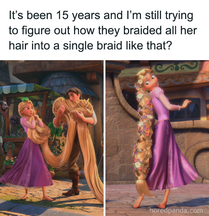 Rapunzel with long braided hair in a purple dress, questioning how her hair was styled, related to makeup and diva life memes.