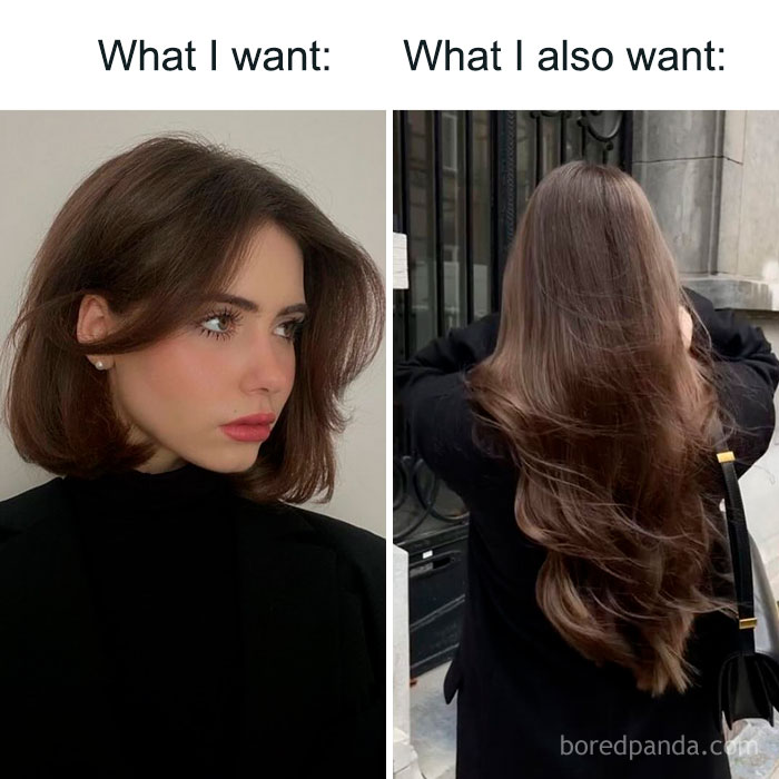 Comparison of short and long hairstyles on a woman, illustrating makeup, fashion, and diva life style preferences.