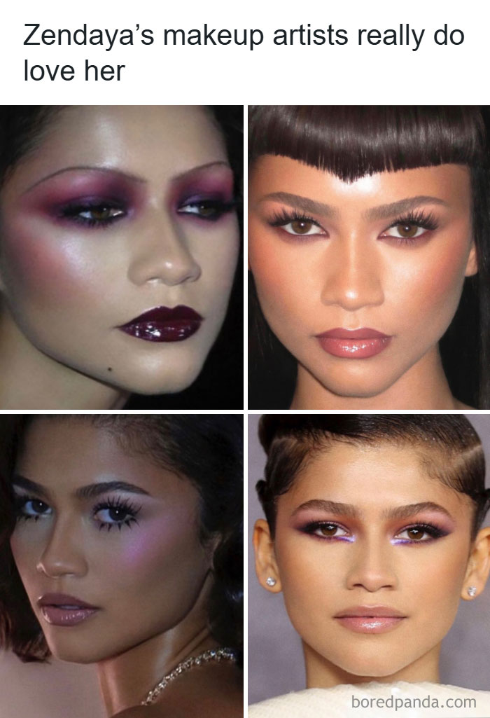 Close-up collage of a woman showcasing bold and glamorous makeup styles, highlighting fashion and diva life aesthetics.