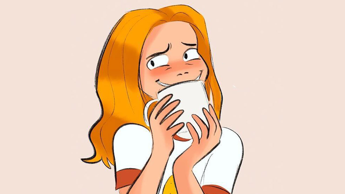 Illustration of a young woman with red hair blushing and smiling while holding a cup, relatable comics about everyday life.