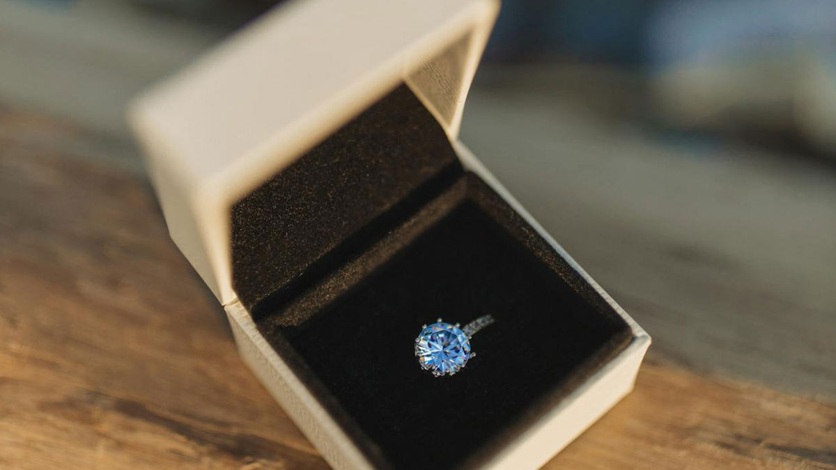 Engagement ring in a box symbolizing a guy deciding to finally propose after 30 years and four kids with an eye roll reaction.