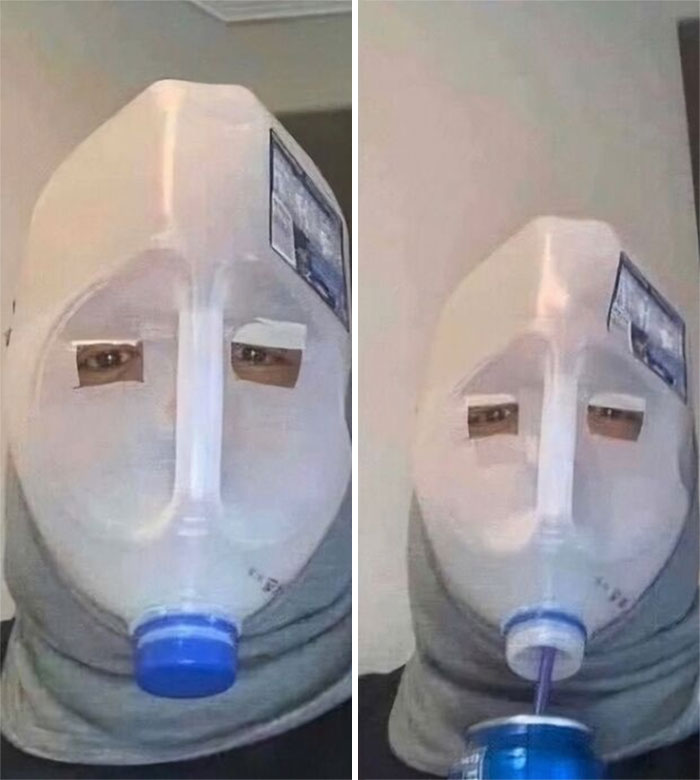 Person wearing a plastic milk jug as a mask with eye holes, a humorous image that might need a priest or an exorcist.