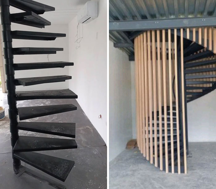 Two different spiral staircases in unfinished rooms highlighting Airbnb insanity stairs needing insurance precautions.