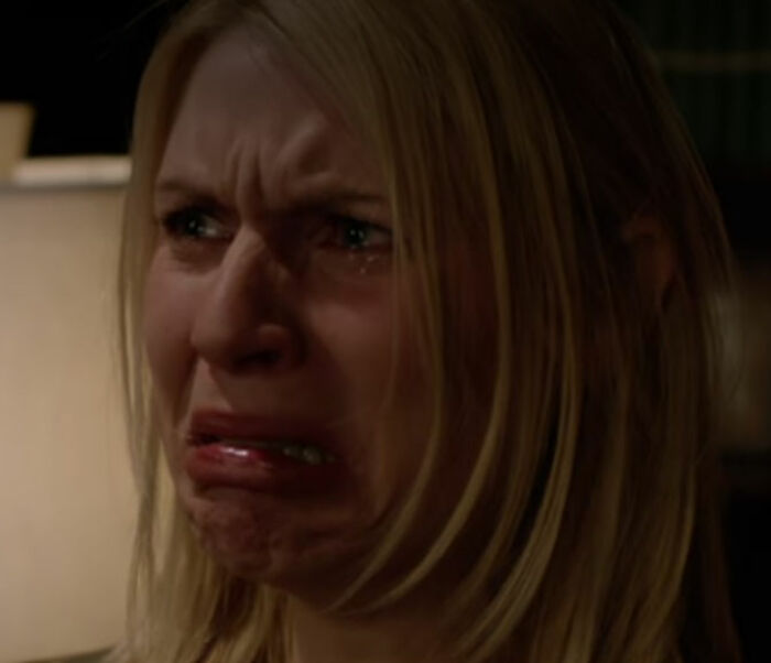 Claire Danes with a quivering chin, showing intense emotion in a dramatic scene from her new hit show. Claire Danes with a quivering chin, showing intense emotion in a dramatic scene from her new hit show.