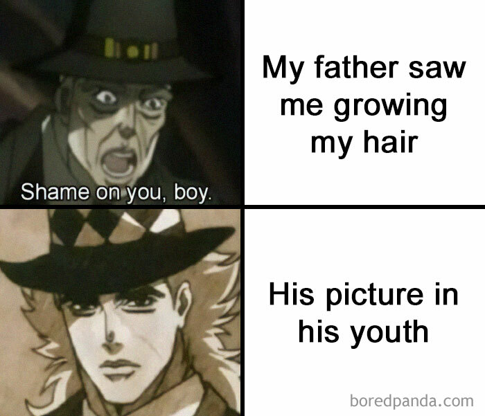 Anime characters reacting to self-deprecating memes feel personally attacked about growing hair and youth appearance.