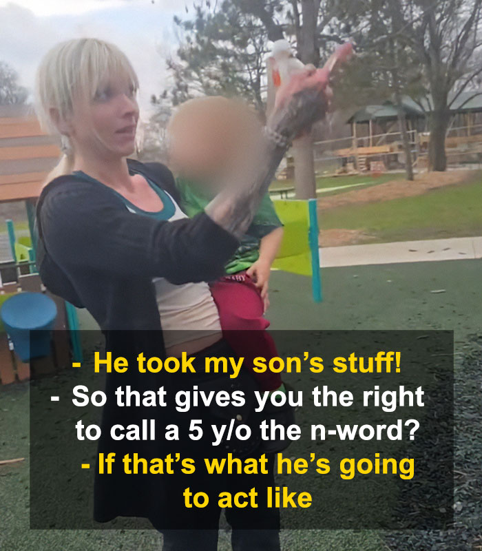 Woman holding child at playground in viral clash involving autistic boy and disturbing language faces trial. Woman holding child at playground in viral clash involving autistic boy and disturbing language faces trial.