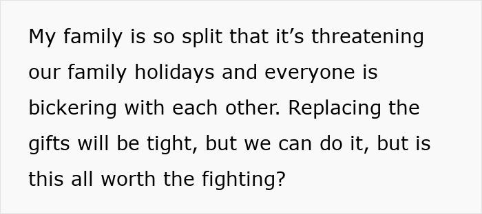 Text about family conflict and Christmas presents, highlighting a woman deciding to destroy child's gifts over charity concerns. Text about family conflict and Christmas presents, highlighting a woman deciding to destroy child's gifts over charity concerns.