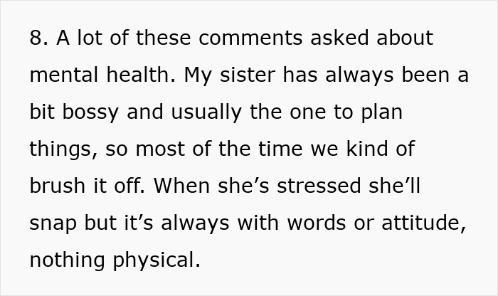 Text excerpt discussing a woman’s sister being bossy and stressed, related to a child’s Christmas presents and charity. Text excerpt discussing a woman’s sister being bossy and stressed, related to a child’s Christmas presents and charity.