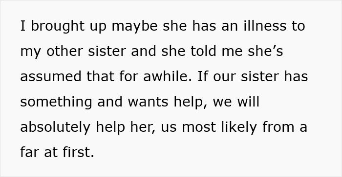 Text excerpt discussing family concerns about sister’s illness and willingness to help, related to woman destroying child's Christmas presents. Text excerpt discussing family concerns about sister’s illness and willingness to help, related to woman destroying child's Christmas presents.
