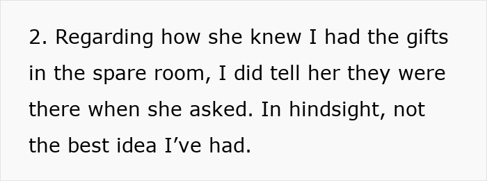 Text excerpt showing a woman explaining how she revealed Christmas gifts to her sister before deciding to destroy them over charity concerns.