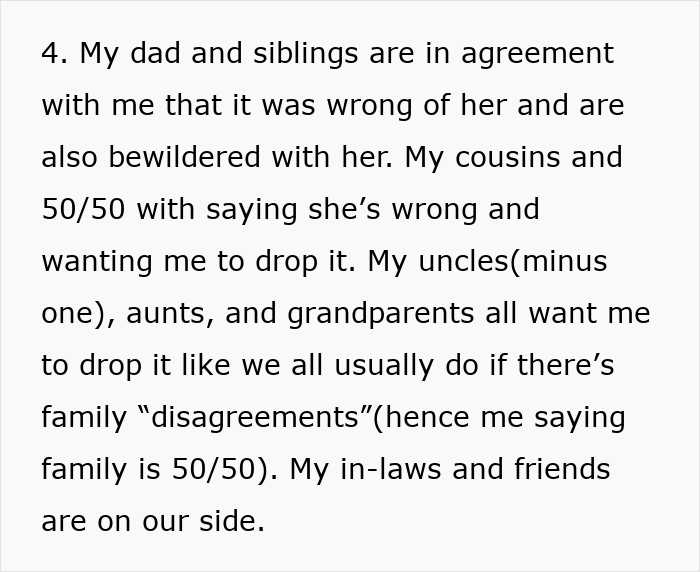 Text excerpt discussing family opinions on a woman deciding to destroy child's Christmas presents over charity efforts. Text excerpt discussing family opinions on a woman deciding to destroy child's Christmas presents over charity efforts.