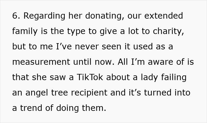 Text excerpt discussing family charity donations, TikTok trend, and impact on woman's decision about child's Christmas presents. Text excerpt discussing family charity donations, TikTok trend, and impact on woman's decision about child's Christmas presents.