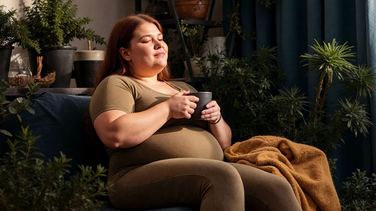 Obese lady relaxing with a cup, surrounded by plants, reflecting on a $100 separate chair bought by sister.