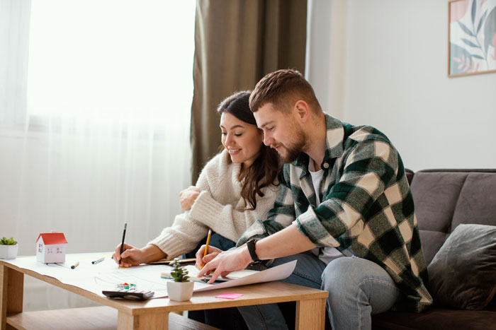 Young couple planning wedding details at home, discussing ideas with focus and a small house model on the table. Young couple planning wedding details at home, discussing ideas with focus and a small house model on the table.