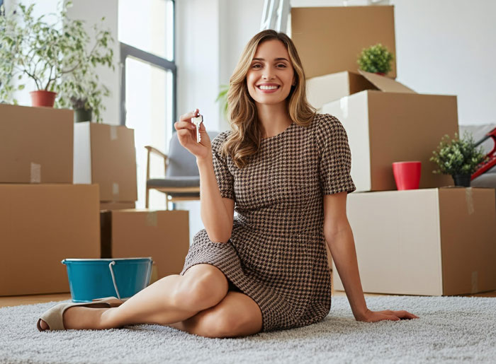 Young woman sitting among moving boxes, smiling and holding keys, relating to charging sister a clean-up fee after roaches spotted. Young woman sitting among moving boxes, smiling and holding keys, relating to charging sister a clean-up fee after roaches spotted.