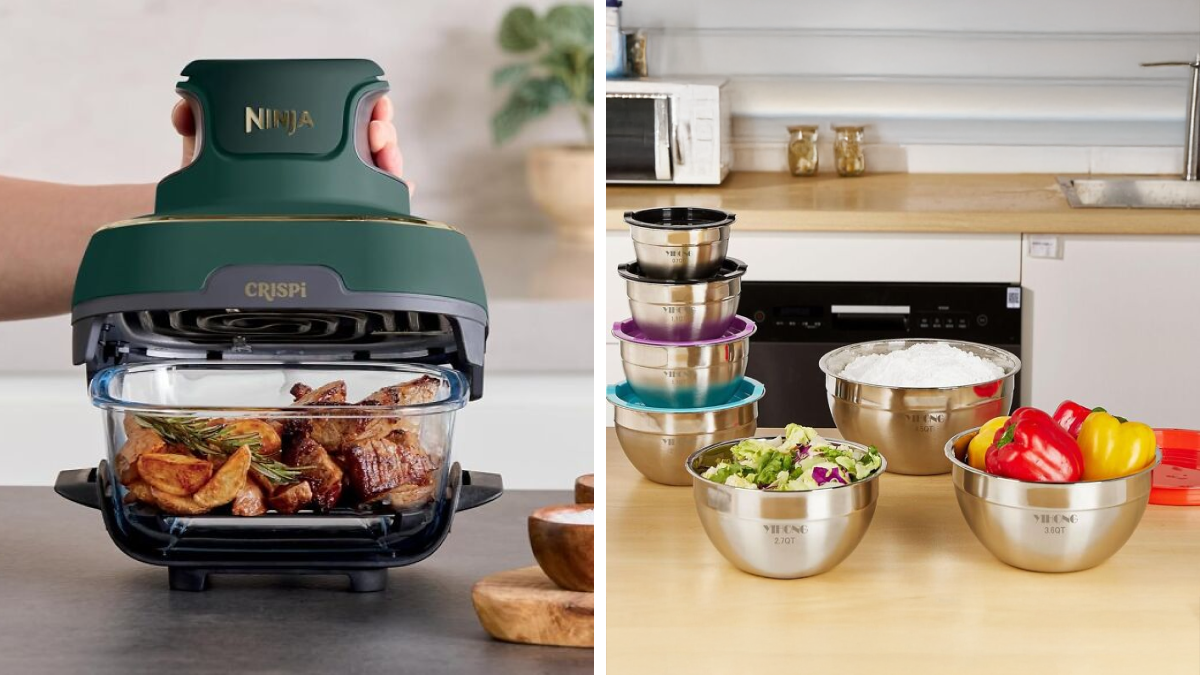 Compact Ninja air fryer cooking chicken and stacked space-saving stainless steel bowls in a tidy tiny kitchen setting.