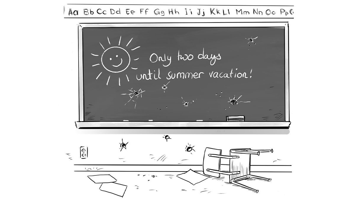 Blackboard with bullet holes and a smiley sun drawing, surrounded by scattered papers and an overturned chair, comic style.