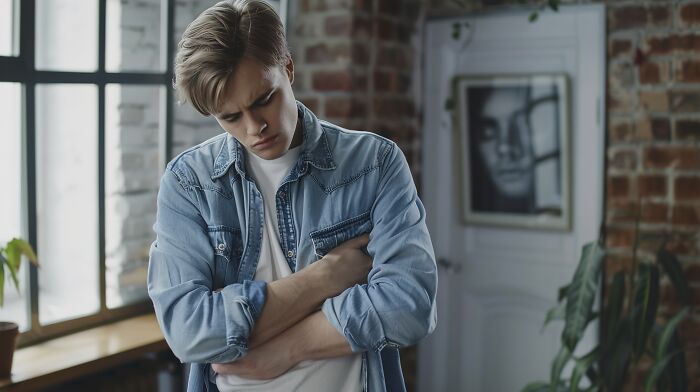 Teen boy in a denim jacket holding his arm in pain indoors, showing signs of sprain and possible c*****d ribs. Teen boy in a denim jacket holding his arm in pain indoors, showing signs of sprain and possible c*****d ribs.