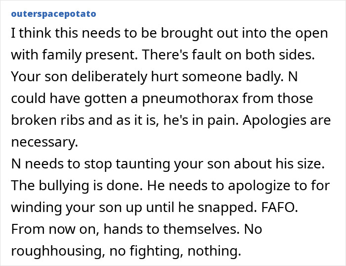 Comment discussing the teen’s sprain and c*****d ribs during a family visit and the need to address the incident openly. Comment discussing the teen’s sprain and c*****d ribs during a family visit and the need to address the incident openly.