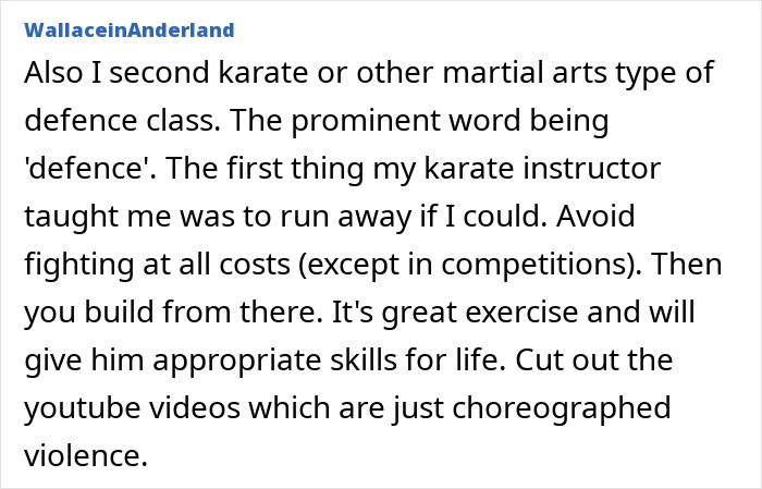Text message about karate and self-defense classes, explaining the importance of running away and avoiding fights for safety. Text message about karate and self-defense classes, explaining the importance of running away and avoiding fights for safety.