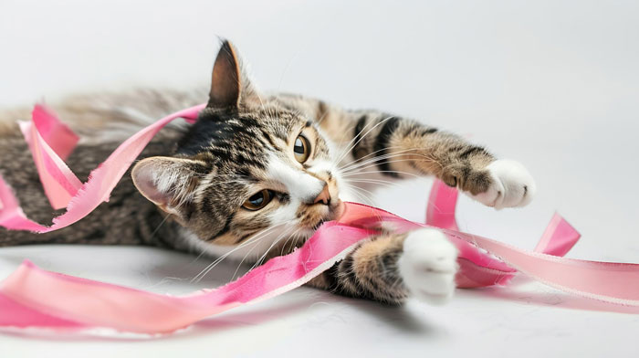 Tabby cat playing with pink ribbons, highlighting a story about parents planning to use teen's college fund for cat surgery. Tabby cat playing with pink ribbons, highlighting a story about parents planning to use teen's college fund for cat surgery.