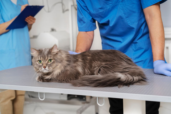 Veterinarian in blue scrubs examining a grey cat on a table while another staff member holds a clipboard in a clinic. Veterinarian in blue scrubs examining a grey cat on a table while another staff member holds a clipboard in a clinic.