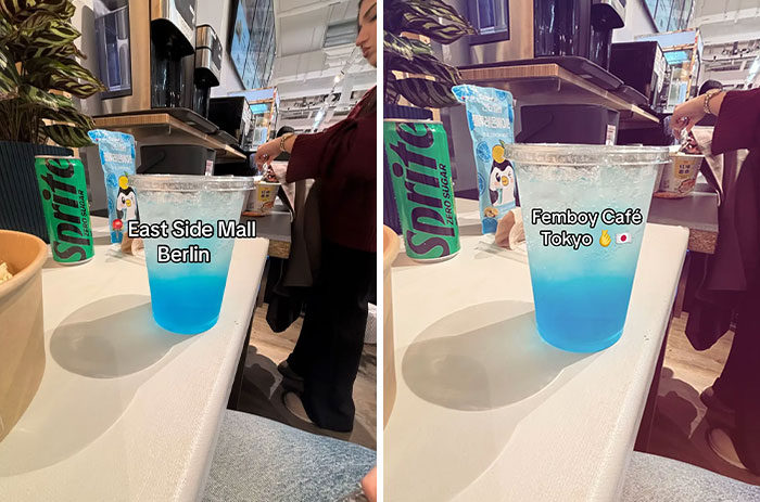 Blue drink in a cafe setting transformed by adding Japan, enhancing the photo’s aesthetic appeal with a Tokyo theme.