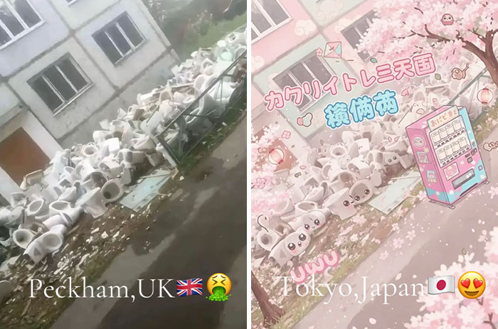 Side-by-side photos transforming a toilet pile in UK to a cute, anime-style scene in Japan with cherry blossoms and vending machine.