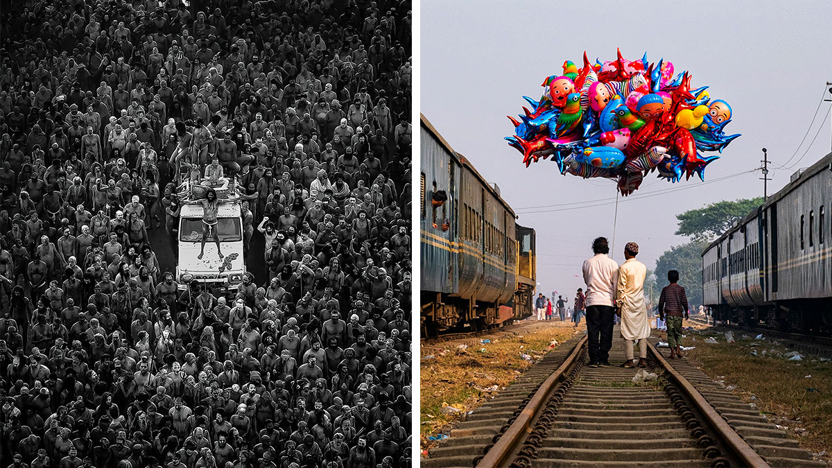 Black and white street photo of crowd and colorful photo of two men walking by trains holding balloons from AAP magazine contest.