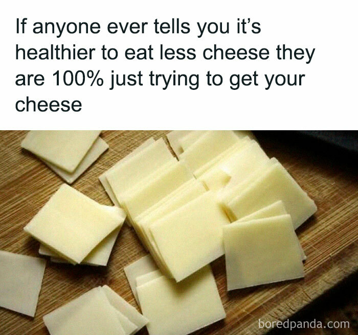 Humorous food meme showing sliced cheese with a caption about eating cheese and stupid food memes for stupid people.