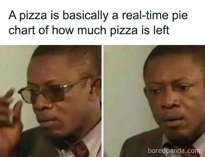 Man with glasses looking thoughtful then confused, paired with a stupid food meme about pizza as a real-time pie chart.