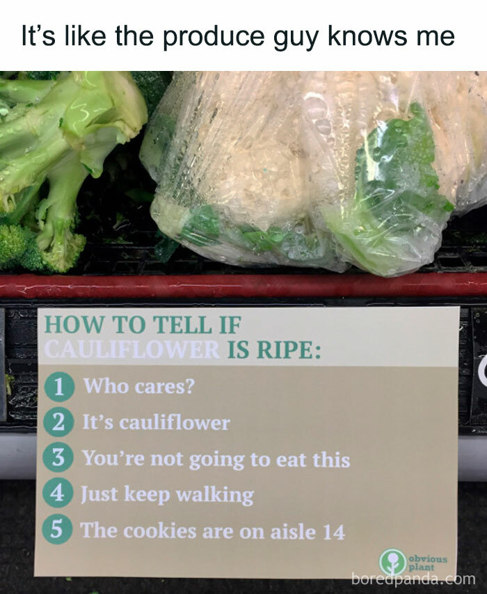 Meme showing humorous produce sign about cauliflower ripeness, part of stupid food memes for stupid people collection.